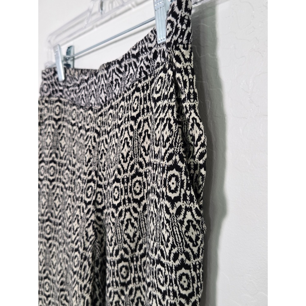 Solitaire Black White Ikat Print Wide Leg Pants Smocked Waist Rayon Small